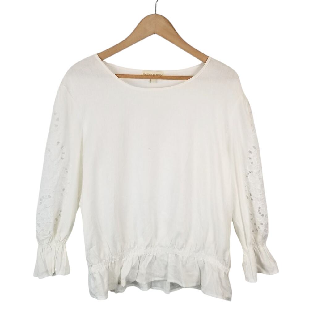 Cynthia Rowley Women's White Peplum Long Sleeve Linen Blend Blouse Size Large